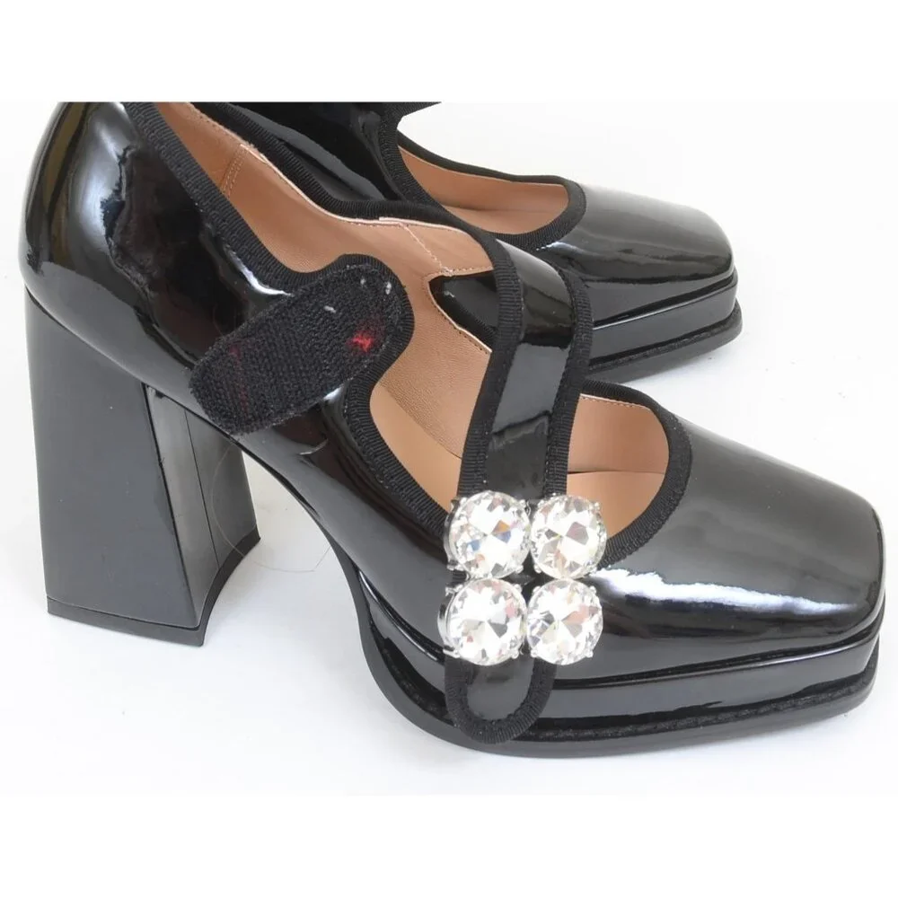 Bling! Mary Jane Black Patent Faux Leather Platform High Heel Shoes Goth Fairy